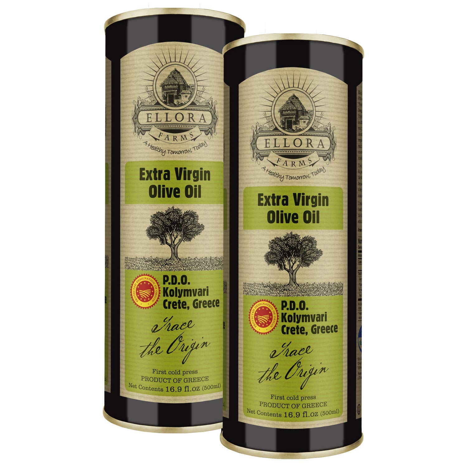 Ellora Farms, Extra Virgin Olive Oil, Single Estate PDO Crete, Greece, Traceable and High Polyphenol Olive oil, Kosher, 17 oz. Tin, Pack of 2