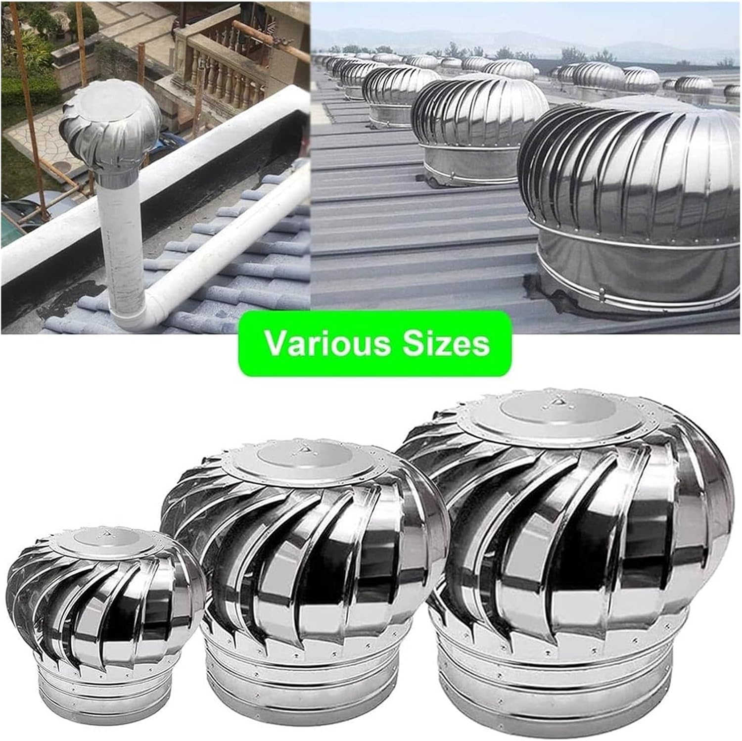 Roof Wind,Stainless Steel Turbine Ventilator Vents Roof Wind Turbines Cap Vent, Stainless Steel Roof Vents, Automatic Rotation by Wind/air Flow No Consumption, Rain Cap Vent 110-400mm Calibe