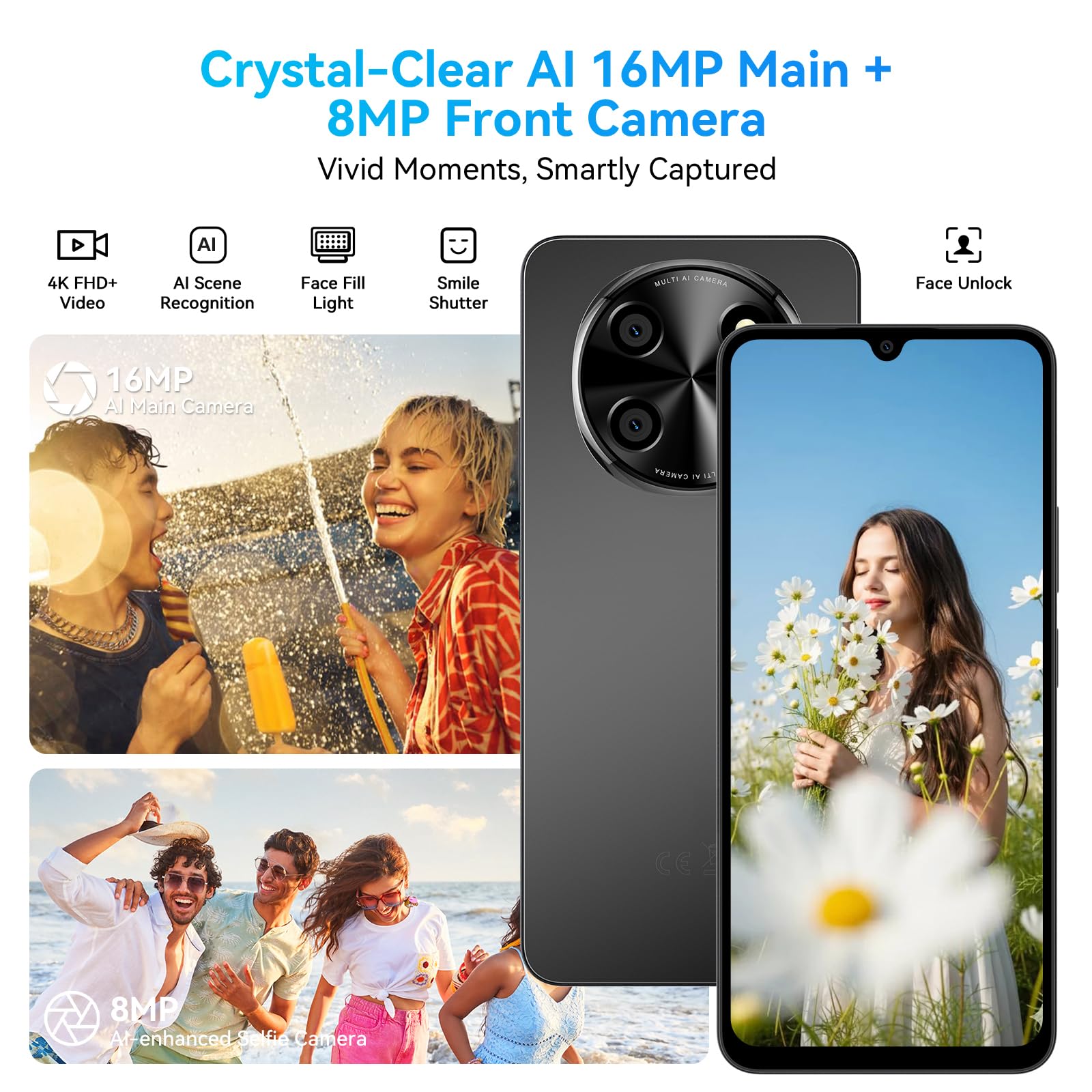 Smartphone 5G 6,88'' 120Hz, 24Go RAM 128Go/2To TF, Téléphone Portable Android 15, Double SIM NFC, Unisoc T8100 Octa-Core, Batterie 5000mAh 18W, Telephone Portable Pas Cher, OTG/Face ID/Fingerprint