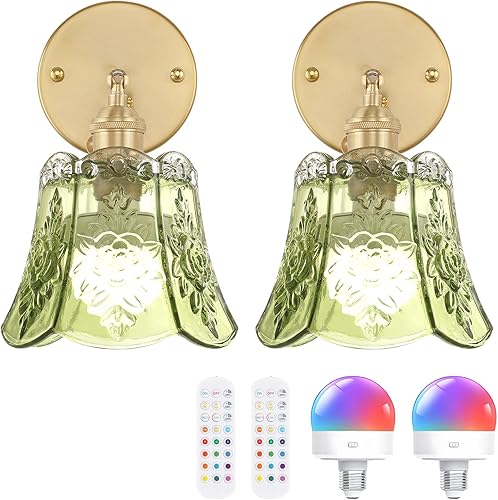 Miniatura 33 de Juego de 2 apliques de pared vintage con pantalla de vidrio a rayas ámbar, apliques de latón ajustables de 180 grados, con cable de iluminación,