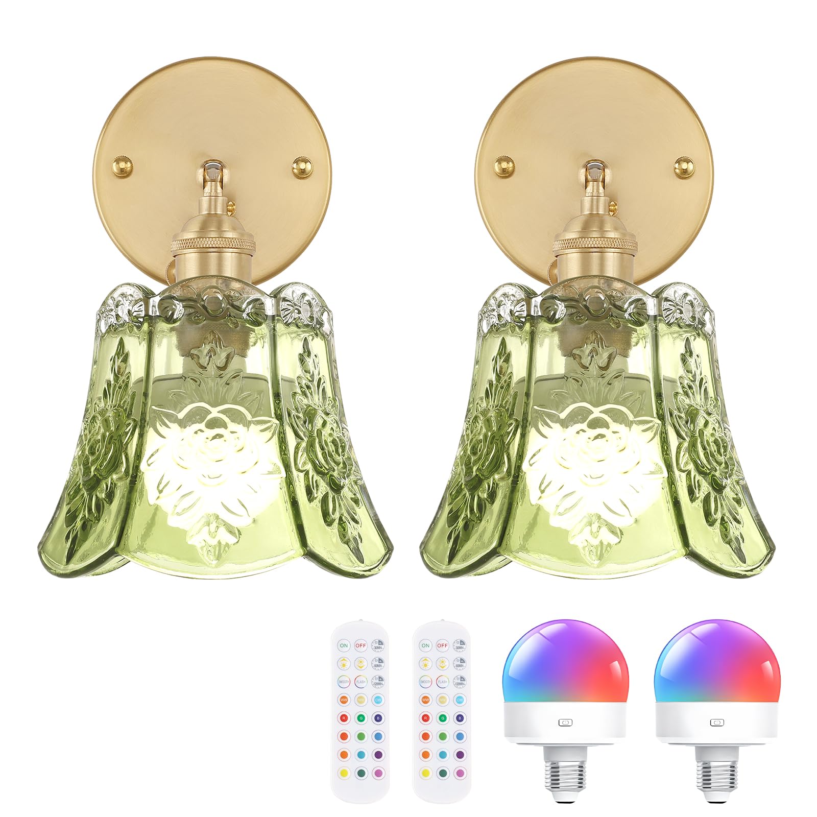 Shenmoyl Vintage Battery Operated Wall Sconces Set of Two, Wireless Battery Powered Rose Wall Sconce with Remote Control, RGB Dimmable LED Wall Light for Bedside Bathroom Living Room (Green)