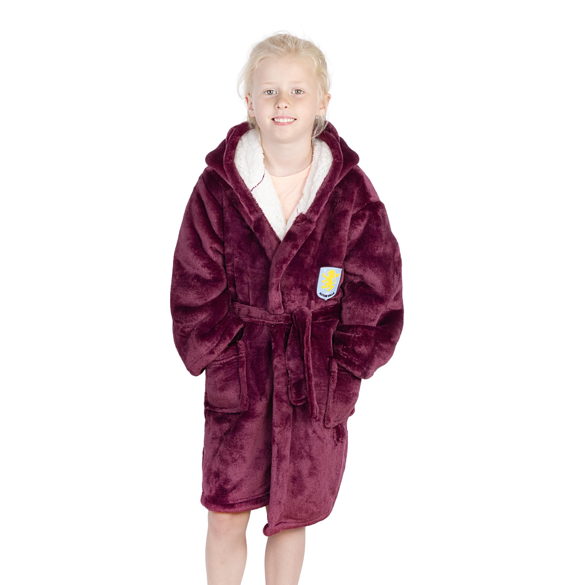 The Gift Scholars Officially Licensed Aston Villa FC Sherpa Dressing Gown – Unisex Claret Robe with Soft Lining & Club Crest – Kids 9–10