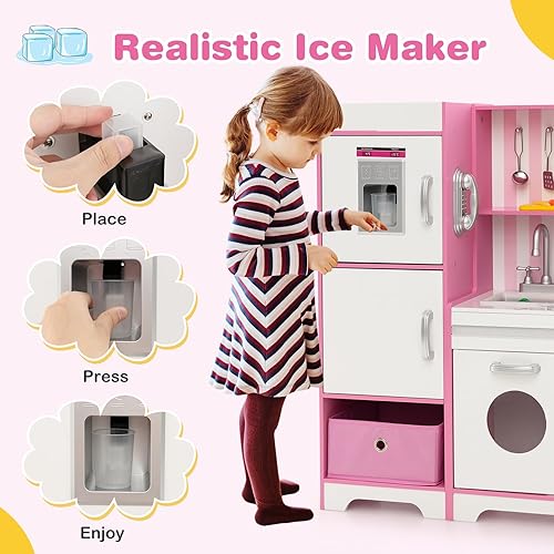 Miniatura 4 de Costzon Juego de cocina para niños, cocina de madera con luces LED de lujo, máquina de hielo, horno, lavadora, teléfono de juego, juego de juguetes