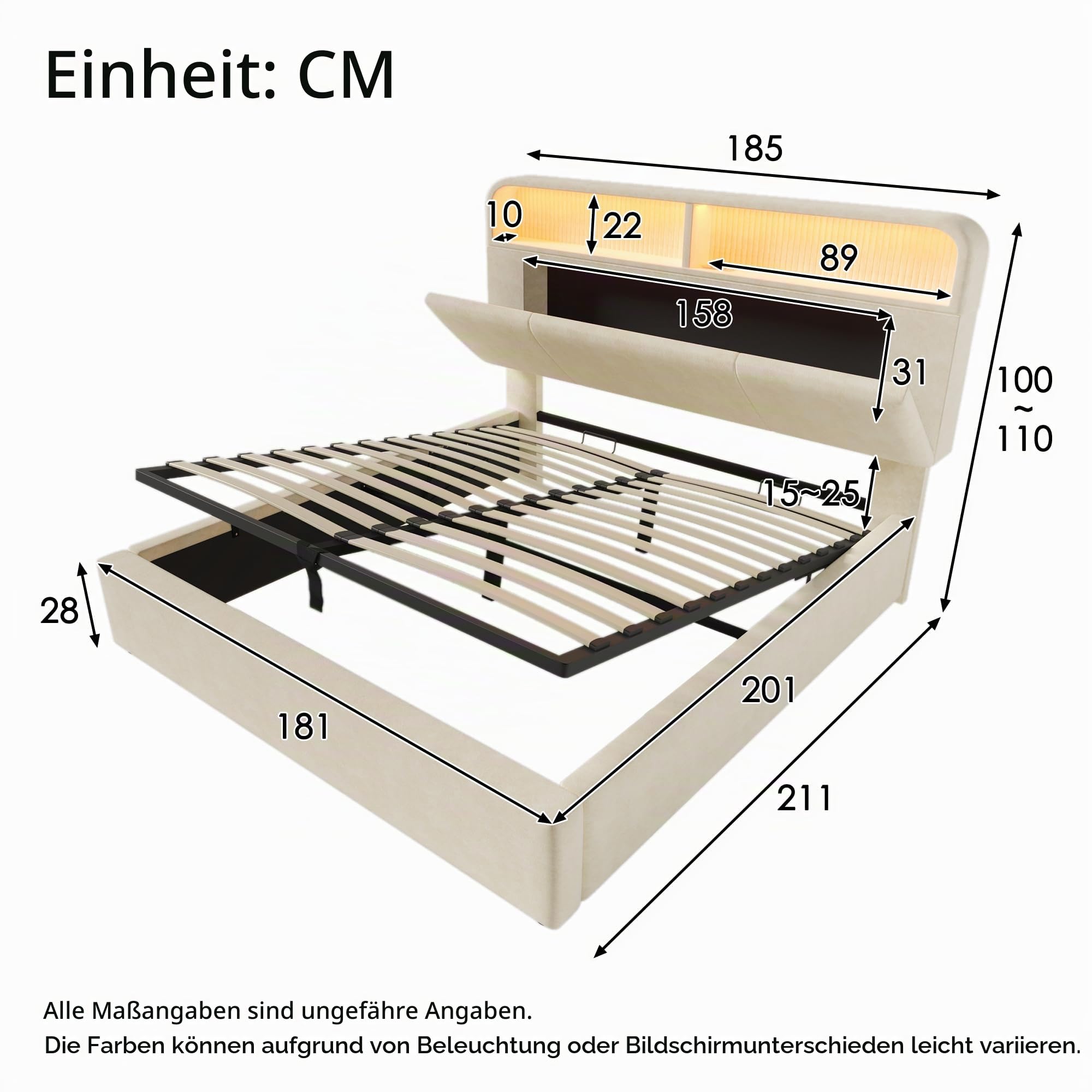 Polsterbett Doppelbett 180x200 cm mit höhenverstellbarem Stauraum-Kopfteil, Hydraulisches Bett mit LED-& USB/Type-C Ladestation, Samt, inkl. Lattenrost, Beige, Ohne Matratze