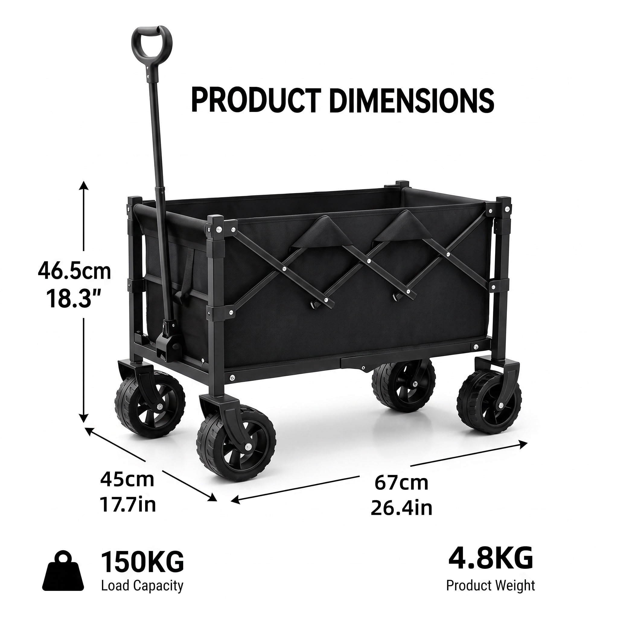 Chariot de transport pliable avec roues tout-terrain et poignée | Chariot d'extérieur robuste avec tissu Oxford, idéal pour le camping, la plage, le jardinage et les courses