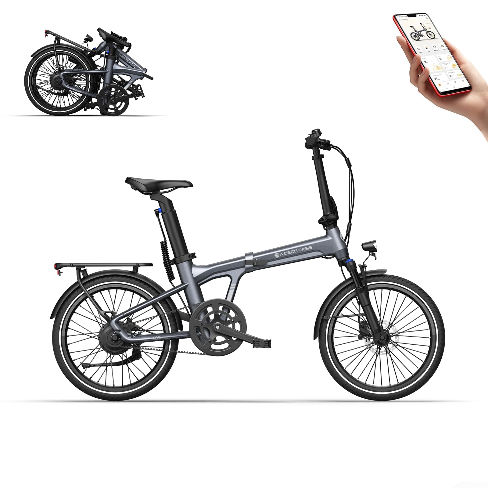 A Dece Oasis Ado Air20 V26 Bicicleta Eléctrica Plegable, E-Bike Ultraligera 20'' con Suspensión, Motor 250W/50Nm, Autonomía 100km, App Ado, Pantalla IPS de 2,4''