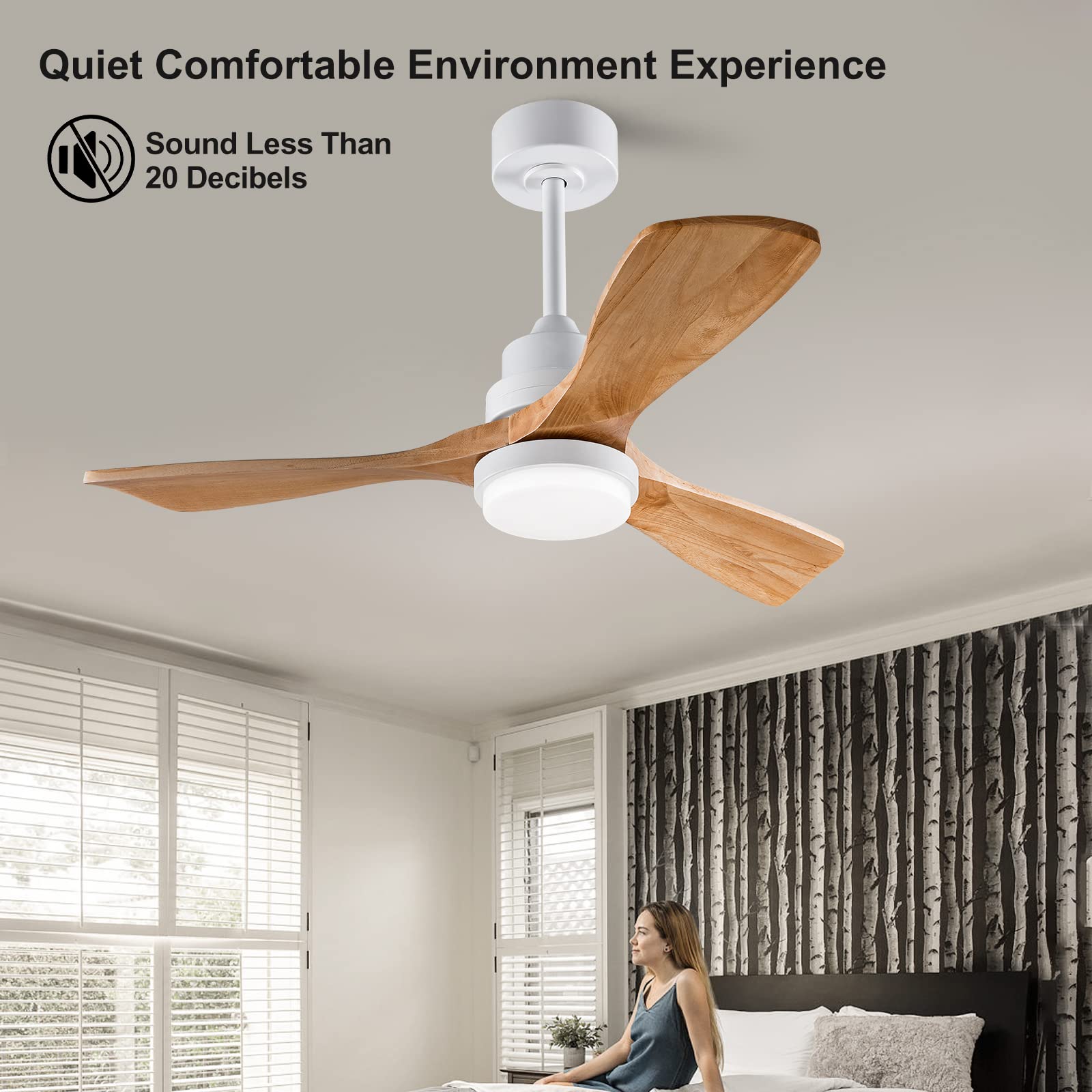 XBIBI 42" Ceiling Fan with Light Remote Control, Wood Ceiling Fans with 3 Blade and Down Rod, 6 Speed DC Motor, Indoor Outdoor Ceiling Fan for Patio, Bedroom,Living Room, Office