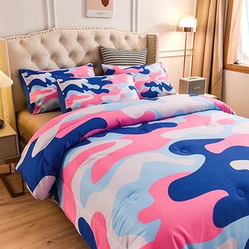 Miniatura 7 de Meeting Story Juego de ropa de cama de camuflaje, juego de edredón de camuflaje tamaño Queen con patrón colorido, 3 piezas, 1 edredón y 2 fundas de