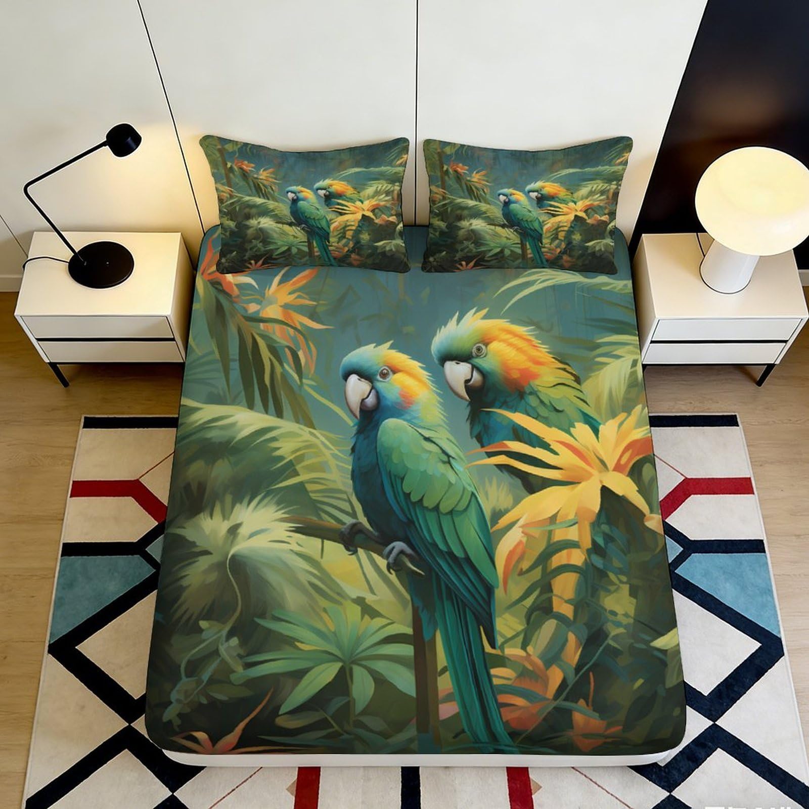 3D Printed Tropical Parrot Fitted Sheet Microfiber Soft Breathable Jungle Leaves Bed Cover for Bedroom Dormitory Guest Room Mattress Protection 90x200x25cm