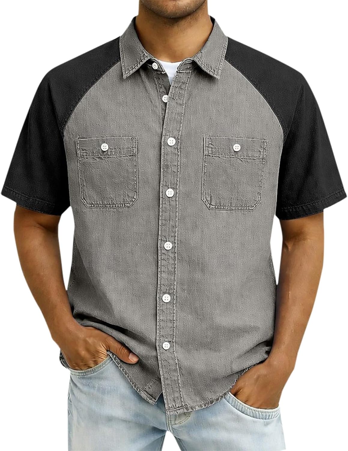 Men Vintage Short Sleeve Denim Shirt,Henley Neck Chest Pocket Work Top