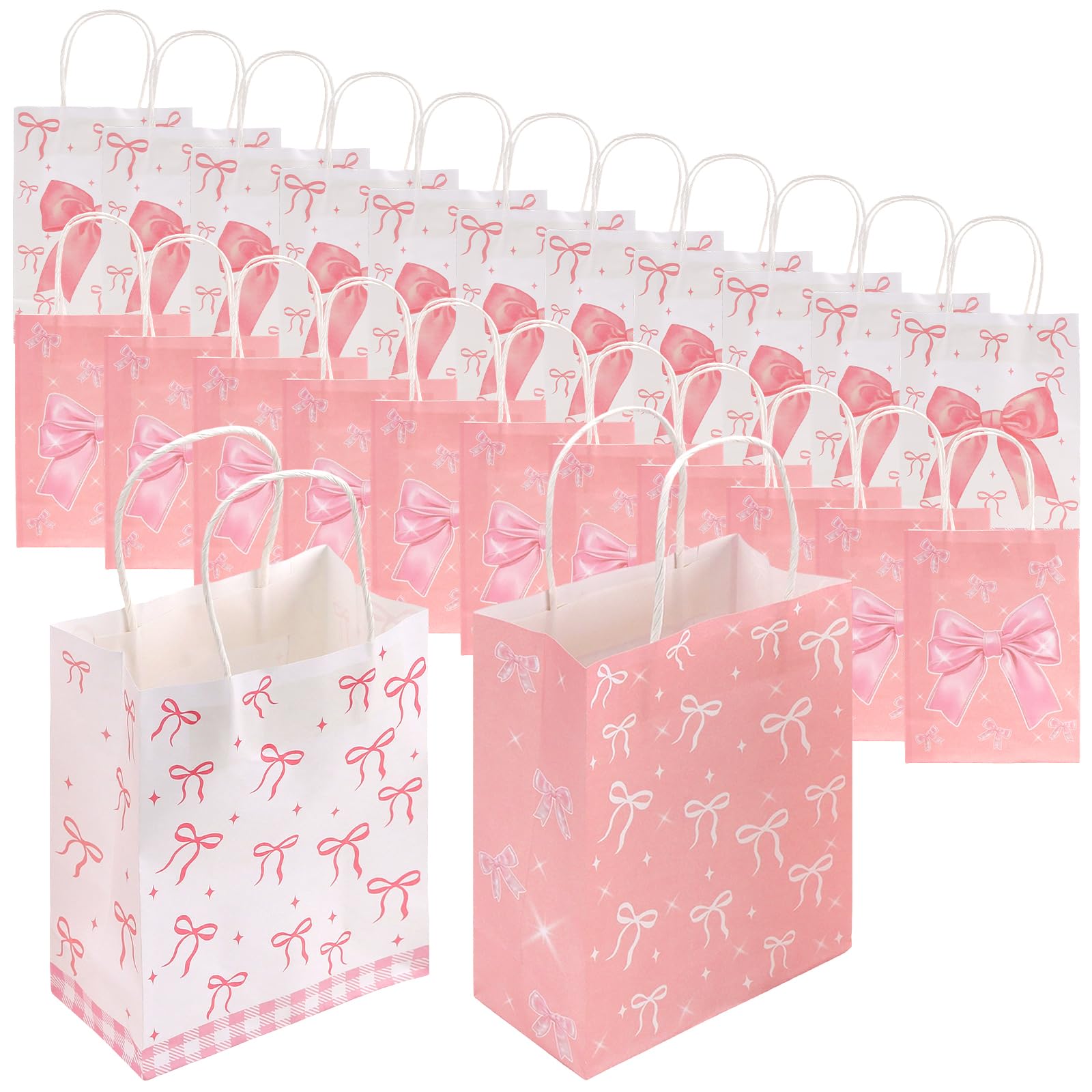 UNGFEI 24 Pack Pink Paper Bags with Handles - 21x16x8cm Bow Pattern Decorated Celebration Bags Reinforced DIY Kraft Paper Gift Containers for Parties, Present
