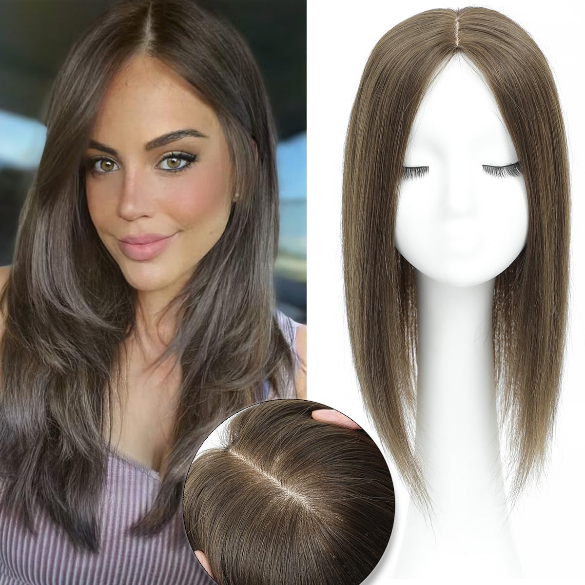 Hair Toppers for Thinning Hair Women Real Hairs 16Inch Hairs Topper 7 * 7 inch Skin Scalp Big Base Cover ,Hairs Pieces Wiglets Cover Large/scalp reality