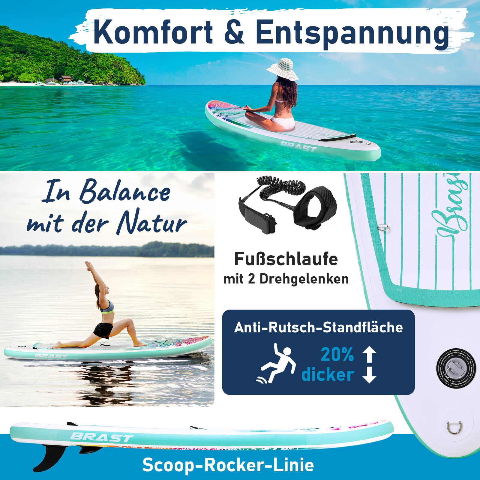 BRAST SUP Board Lady | Aufblasbares Stand up Paddle Set für Frauen | 300cm viele Modelle | inkl. Sonderzubehör | 2in1 Paddel Kajak-Sitz Action-Cam-Halterung Fußschlaufe Pumpe Rucksack