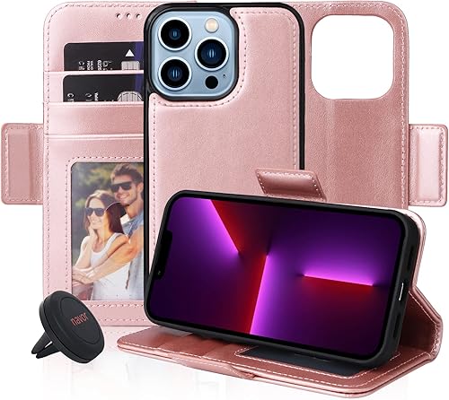 navor Soporte universal para automóvil y funda magnética desmontable compatible con iPhone 13 Pro 6.1 pulgadas Folio, protección RFID, función atril