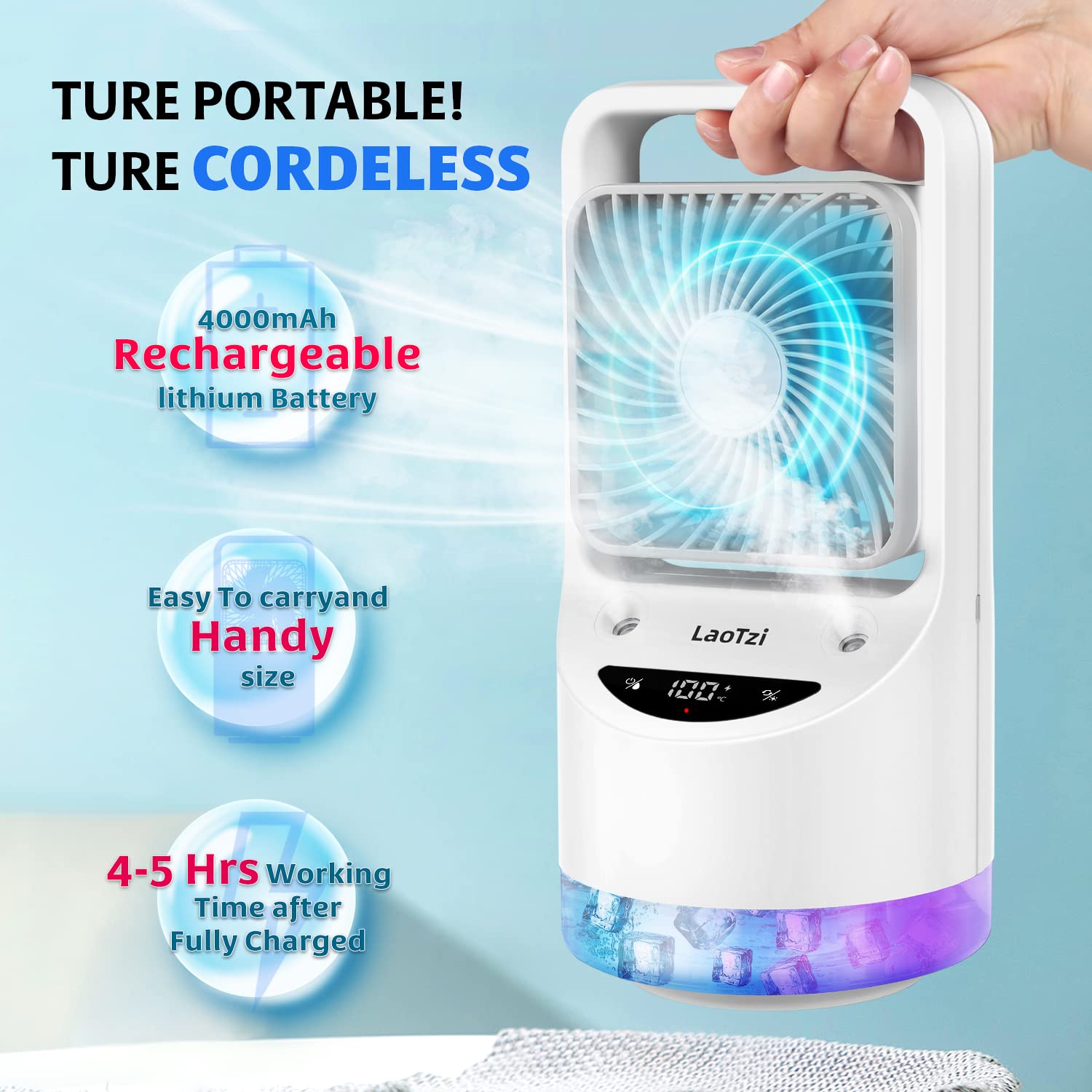 Rechargeable Portable Air Conditioner Fan, Evaporative Mini Air Conditioner with 3 Speeds 7 Colors, Portable Desk Cooler Fan with Aromatherapy for Window, Room, Home and Office