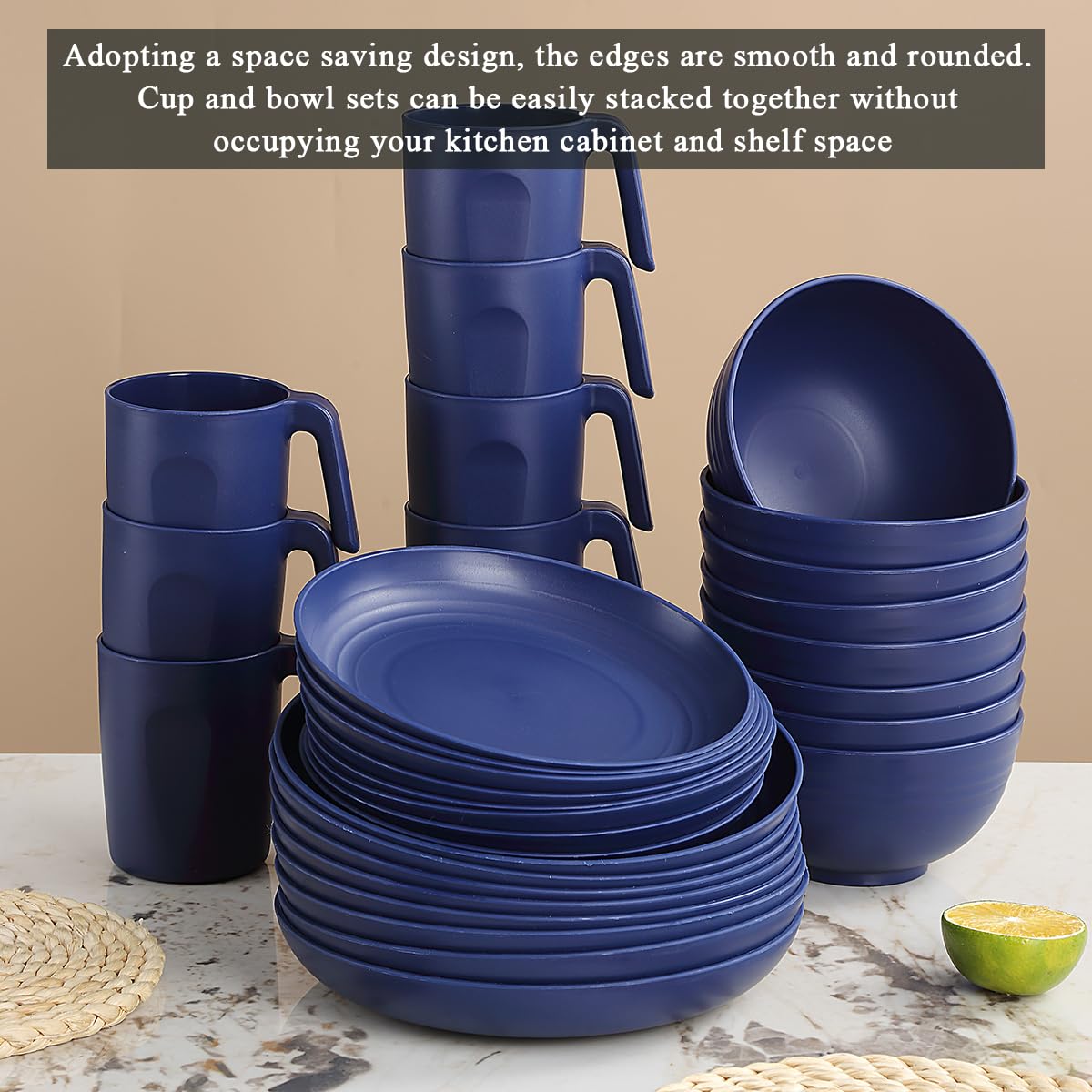 Berglander vaisselle en plastique 24pcs pour 6, EUR Assiettes et bols réutilisables bleu comprenant des assiettes à manger, assiette à dessert, bols de céréales, tasses pour la maison, jardin, pique