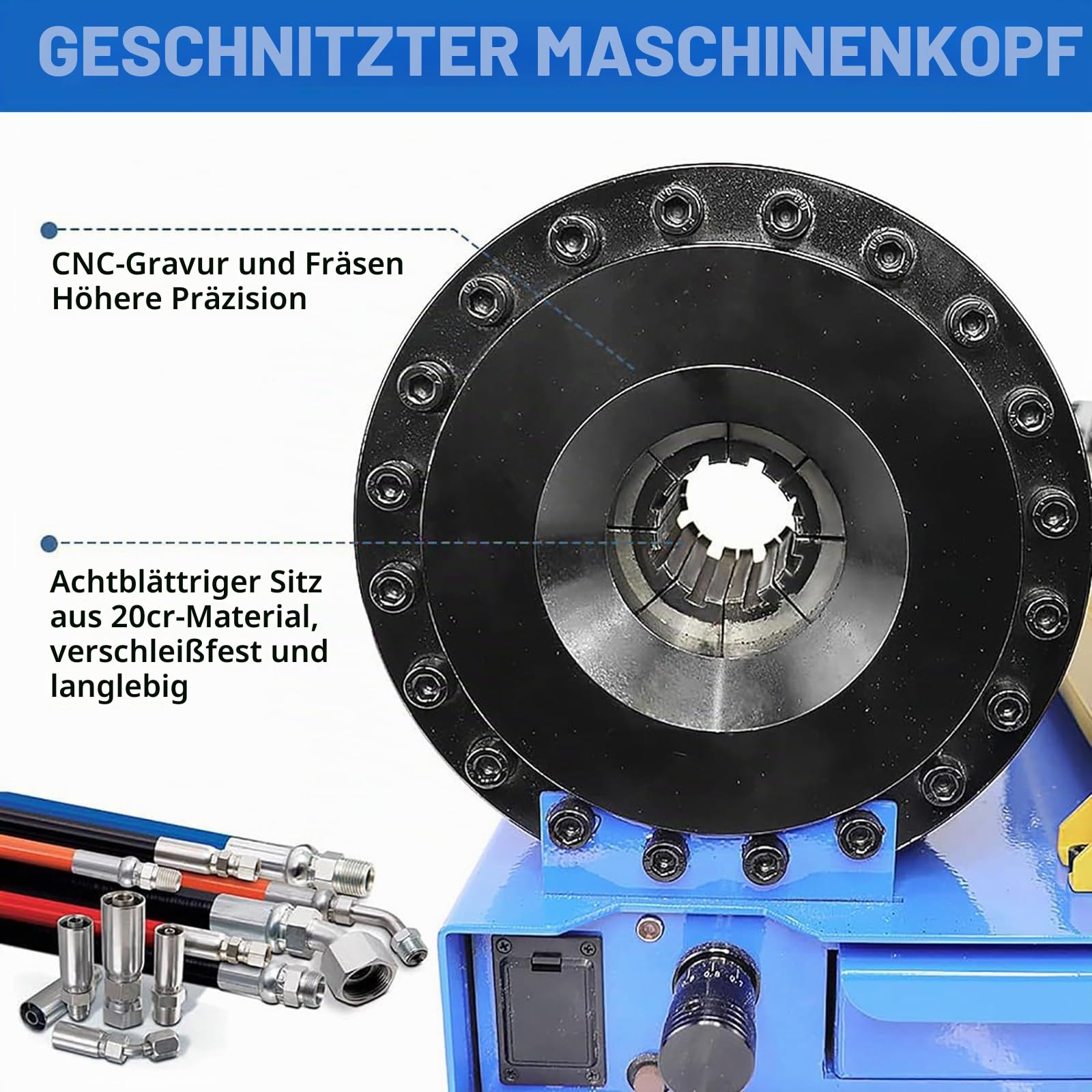 Hydraulikschlauch-Presse, Hochleistungs-Crimpwerkzeug mit 8 Matrizensätzen | 0,01mm Mikrometer-Präzision, ideal für KFZ-Klimaleitungen, landwirtschaftliche Maschinen und die Reparatur Hydraulikschläuche