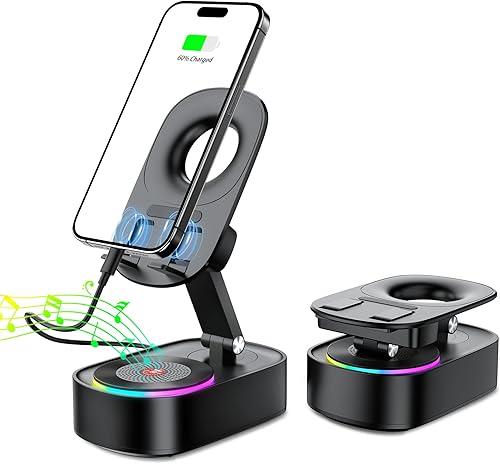Altavoz de inducción inalámbrico, soporte para teléfono celular con altavoz Bluetooth inalámbrico, soporte para iPhone 5 en 1 con luz colorida,