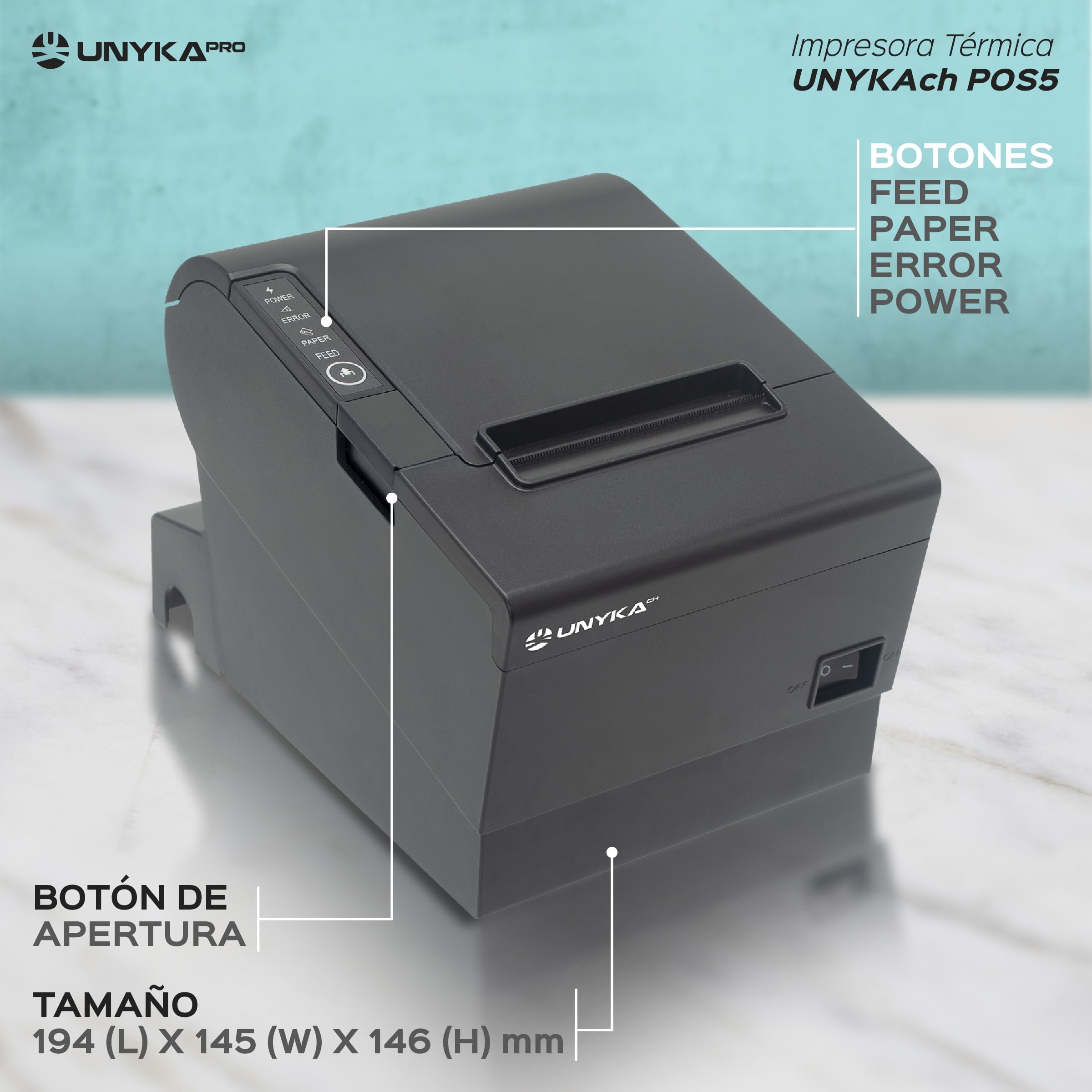 Unykach Impresora Térmica de Tickets POS5 con Corte Automático, USB, RJ12, RJ11, LAN, Compatible Windows, JPOS, OPOS, Linux, Android, Mac