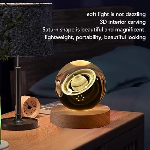 Miniatura 3 de TITA-DONG Lámpara de noche Saturno 3D, luz nocturna de bola de cristal, lámpara de noche de bola de vidrio LED con base de madera, decoración de