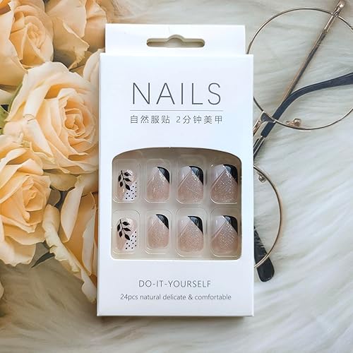 Miniatura 5 de Uñas cortas a presión con hojas, uñas postizas cuadradas con pegamento de resorte, uñas postizas negras brillantes con purpurina plateada, uñas