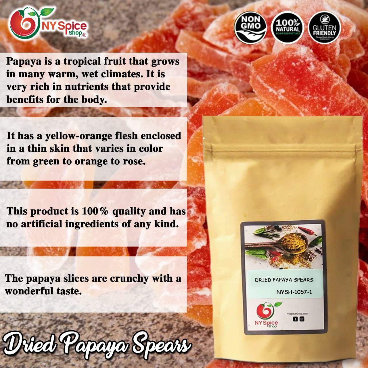 NY SPICE SHOP Dried Papaya Spears – 5 Pound Tropical Dry Fruit Papaya-Freshly Dehydrated Sweetened Papayas Fresh Slices - Natural Taste Giant Papayas – Papaya Fresh Organic for Culinary Use and Baking