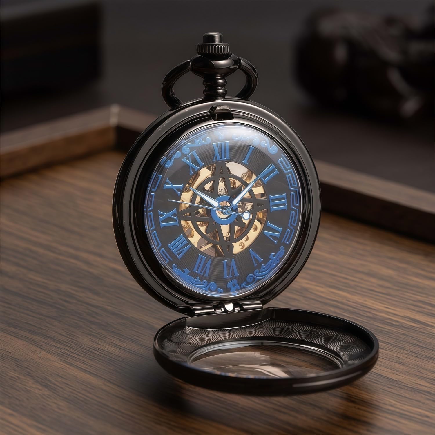 Mechanical Pocket Watch, for Men Women Special Magnifier Half Hunter Engraved Case Roman Numerals with Chain