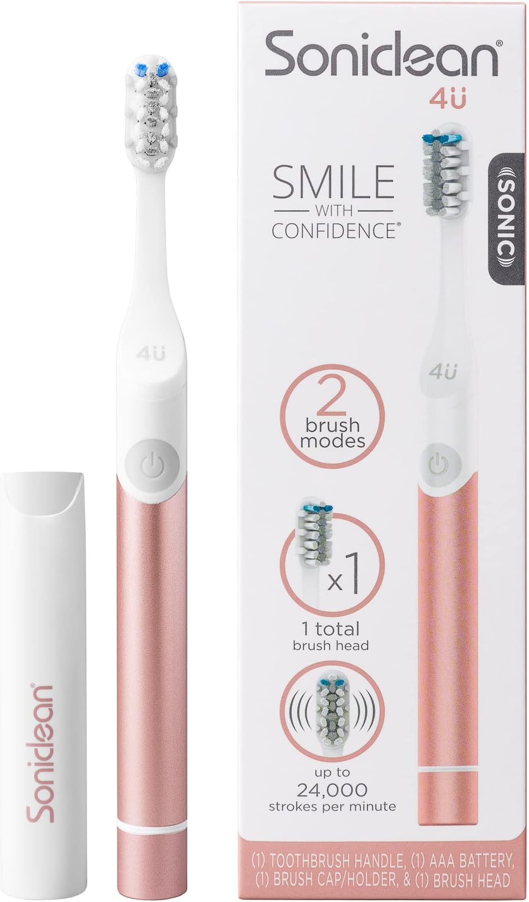 Soniclean 4U Sonic Electric Toothbrush for Adults, Rose Gold, Battery Powered, Dual Cleaning Modes, Refillable Brush Heads, Multi-Use Travel Cover
