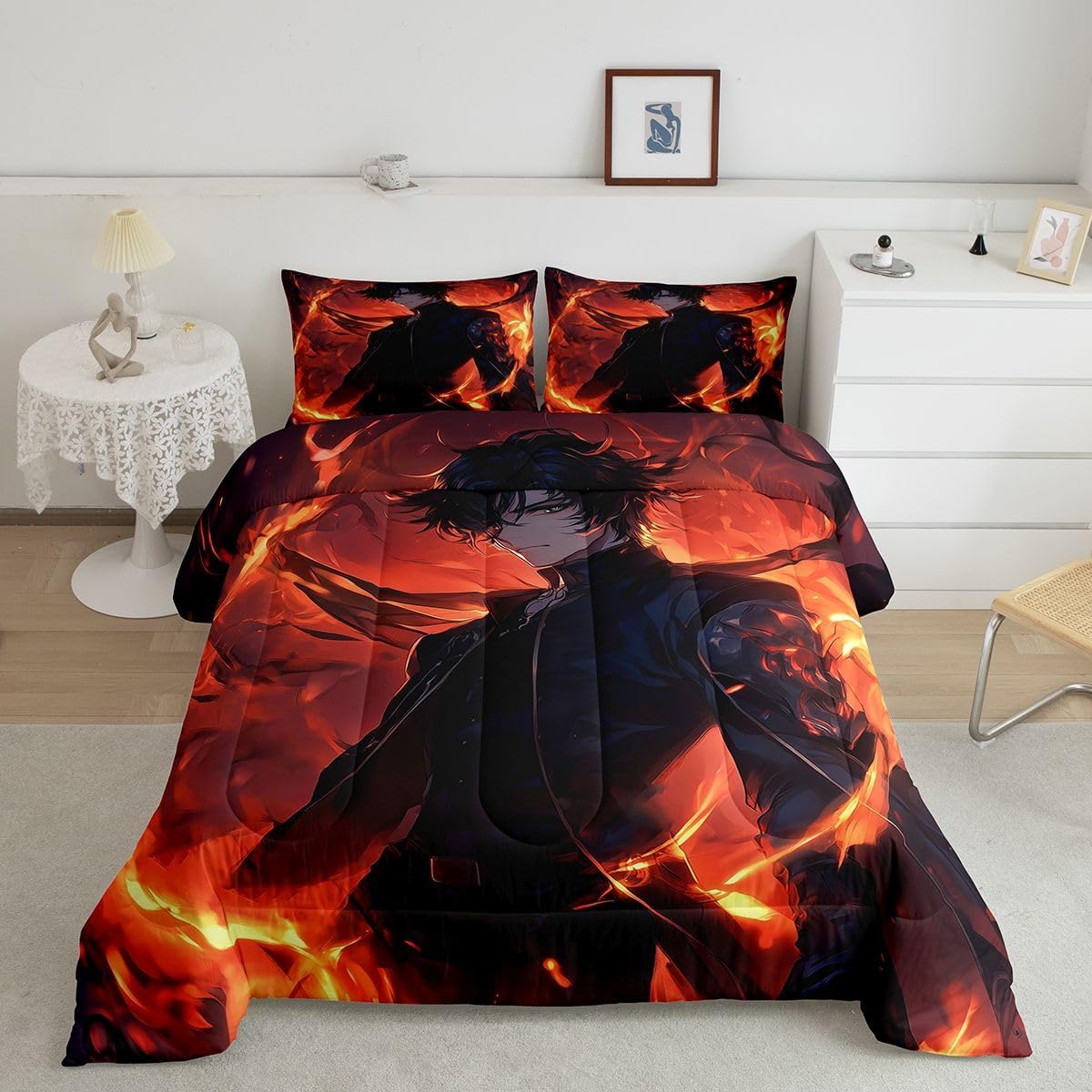 Erosebridal Japanese Anime Queen Comforter Set,Cool Magical 3D Anime Bedding Set for Kids Boys Teens Gamer Room Decor,Gaming Theme Quilt Bed Set Black Orange Colorful Bed Comforter Set 3Pcs