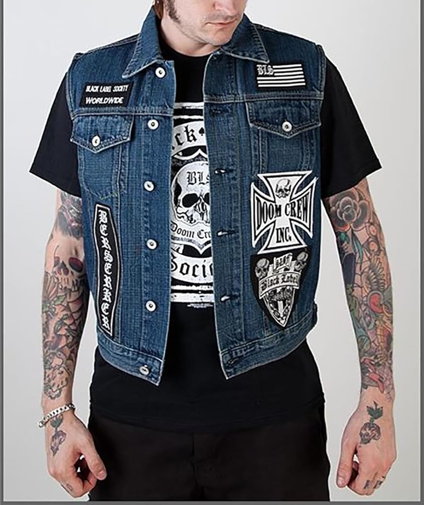  ☆ Everett Vest BLACK LABEL Black Label Society Skull Patches BLS Men Motorcycle Denim