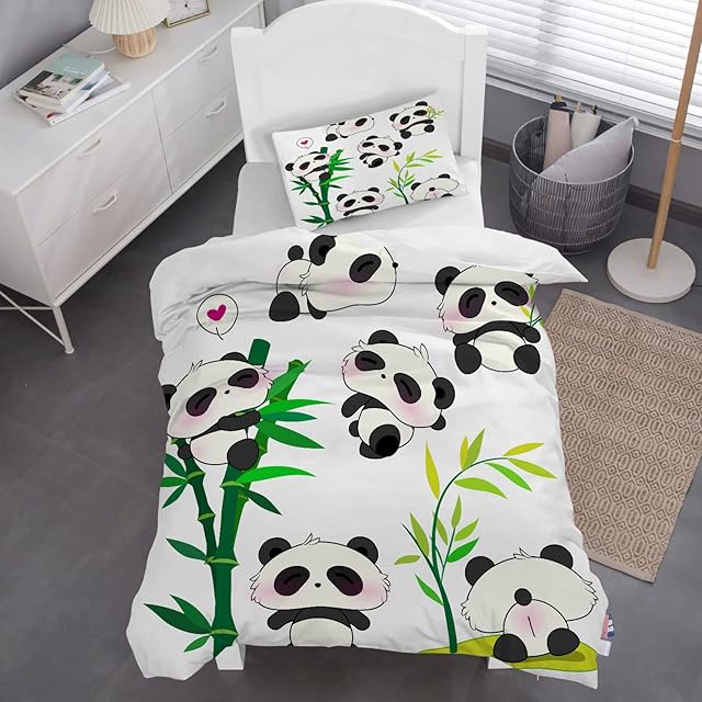 MUSOLEI Panda Kids Bedding Set Girls Animal Duvet Cover Set Single Lovely Green bamboo Panda Quilt Cover Soft Zipper with Pillowcase Single 135 * 200