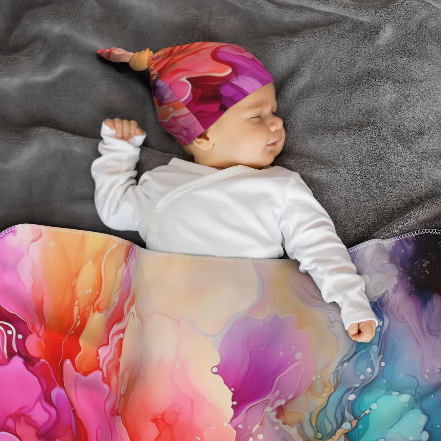 Colorful Watercolor Painting Newborn Swaddle Blanket with Beanie Hat Set,Soft Stretchy Baby Blanket Swaddle Sack Receiving Blanket Swaddle Sack Wraps Shower Gifts for Infant Boys Girls