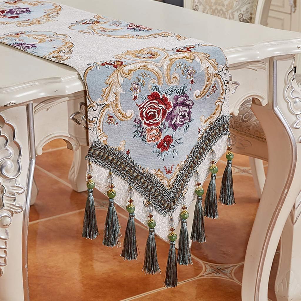 Beaded Multi-Tassel Table Runner Aqua Blue Luxury Thick Runners for Tv Cabinet Shoe Bed Light Placemats Family Dinner Holiday Party Decoration-g-32×260cm