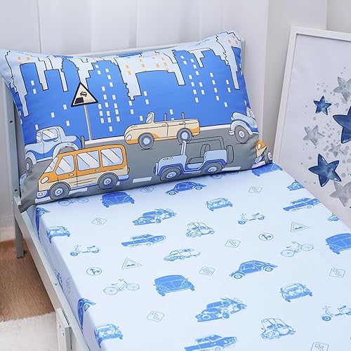 Miniatura 6 de david's kids Juego de ropa de cama de 4 piezas para niños pequeños, suave y transpirable, incluye edredón acolchado, sábana encimera, sábana bajera