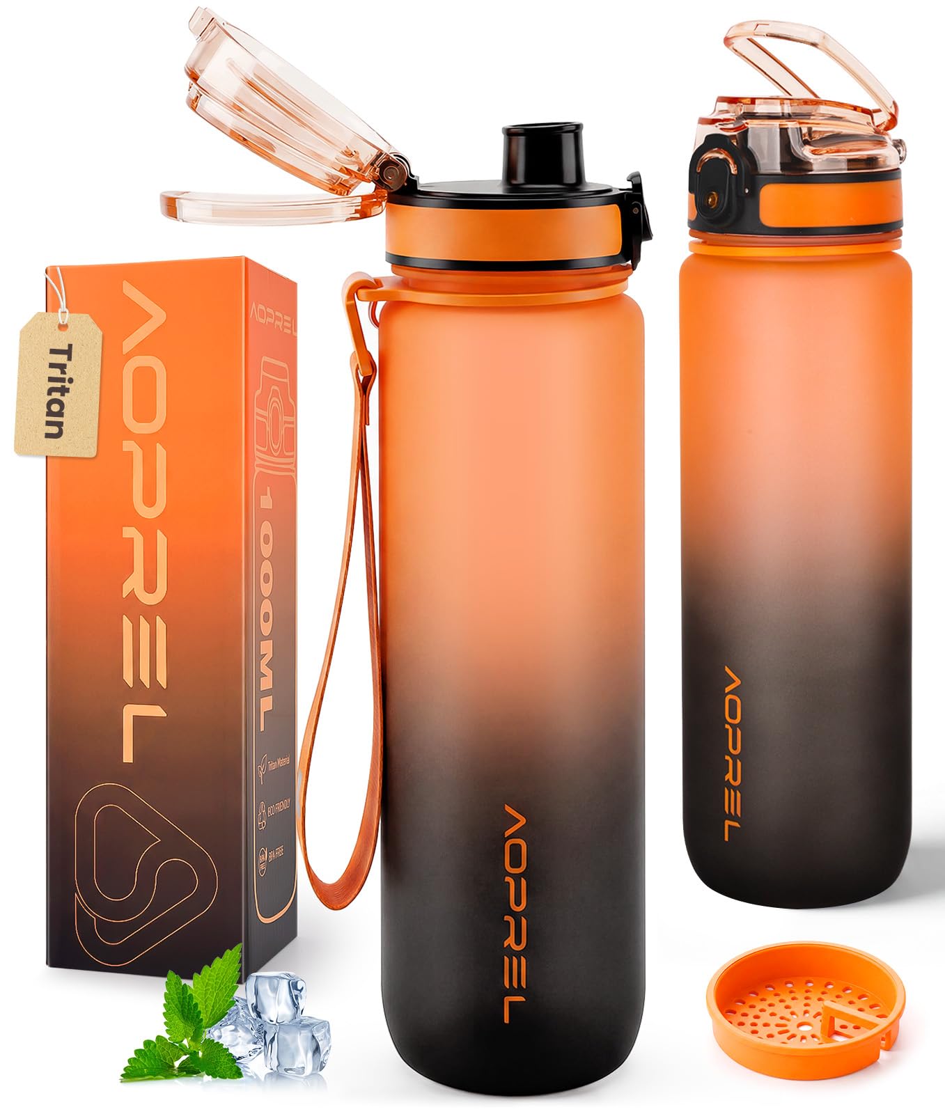 Aoprel Orange Black Leakproof Water Bottle 1L/650Ml With Time Marker, Bpa-Free Tritan