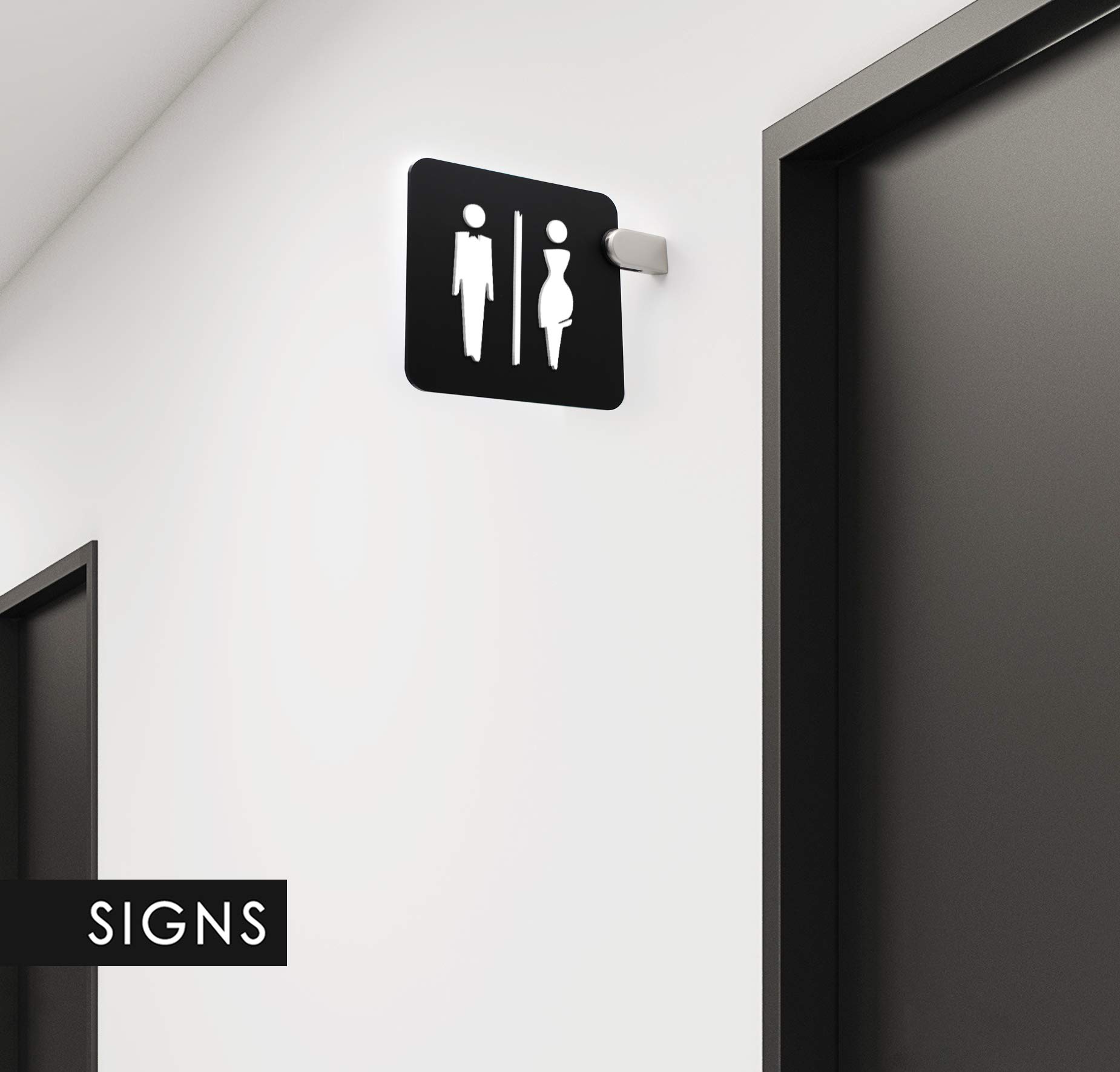 Signs – Señal de doble cara con bandera negra – baño para mujer, restroom, aseo, inodoro, etc. – Señal para pasillo y ambientes. – Elegant negro – Hombre/Mujer