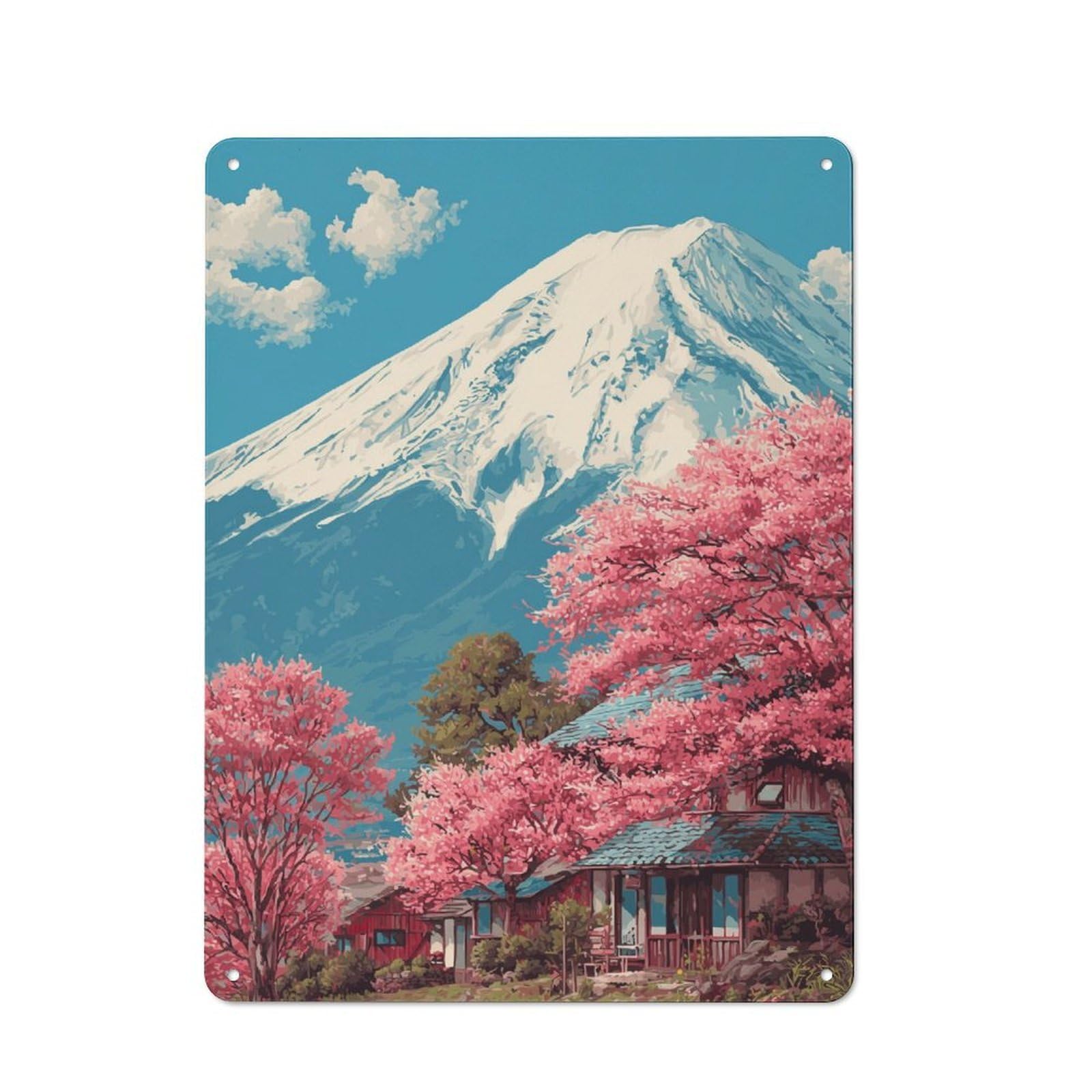 Junmoney Cherry Blossoms At Fuji Base-1 Modern Retro Metal Wall Decor 40X30cm, Metal Wall Sign For Loft, Studio, Office Or Creative Room