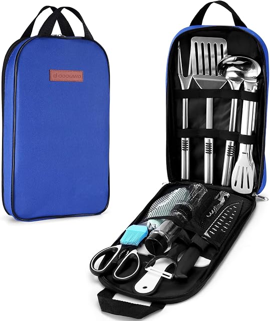 Odoland Camping Cookware Utensils Travel Set, Camp Kitchen Utensil Organizer, Cutting Board, Kitchen Scissors, Slotted Tongs Seasoning Bottle and Case for Backpacking, Outdoor Blue