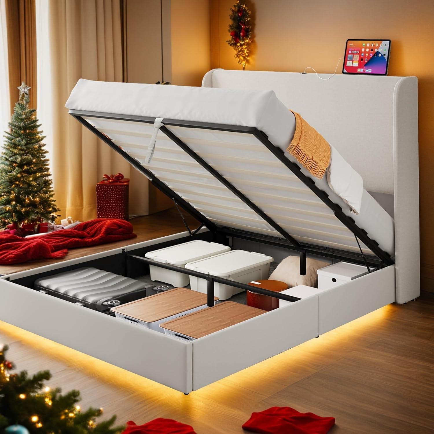 YITAHOME King Size Lift Up Storage Bed Frame with Type-C & USB Port, Modern Linen Upholstered Platform Bed Frame with 50.4" Tall Wingback Headboard/Hydraulic Storage/No Box Spring Needed, Beige