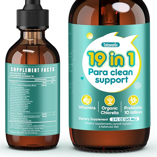 Tatavonix 19 in 1 Herbal Gut Cleanse Drops – Wormwood, Black Walnut, Chlorella 250mg, 10B Probiotics, Clove & Oregano – Liquid Detox Support for Adults & Kids, Alcohol-Free, 2oz
