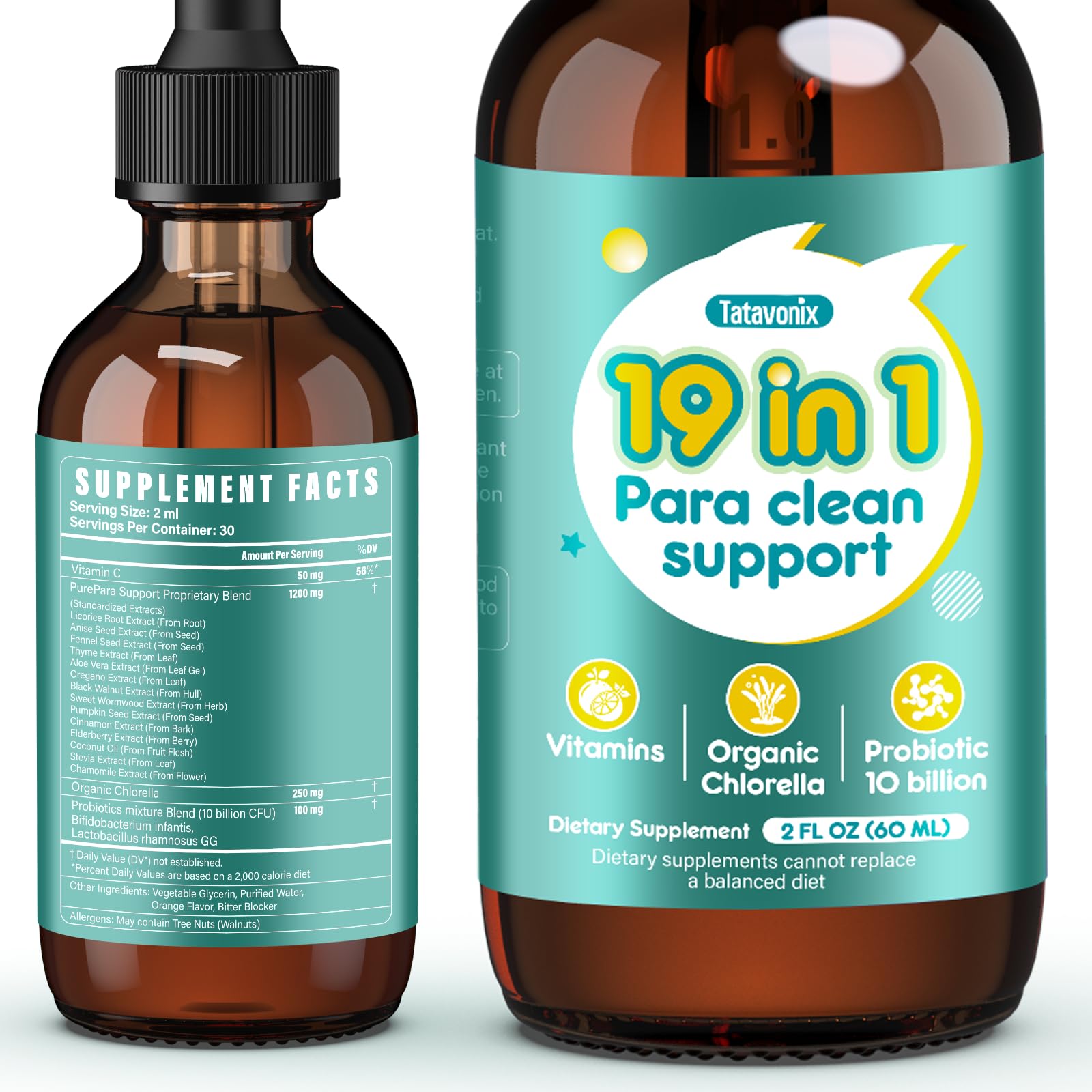 19 in 1 Herbal Gut Cleanse Drops – Wormwood, Black Walnut, Chlorella 250mg, 10B Probiotics, Clove & Oregano – Liquid Detox Support for Adults & Kids, Alcohol-Free, 2oz