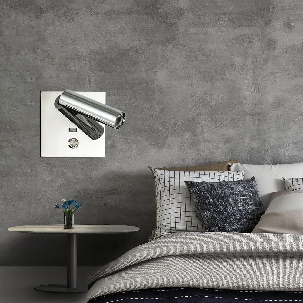 Foco LED, Aplique de Pared con Puerto de Carga USB de 5 V y 2,1 A, lámparas de Lectura para Cama, Apliques de Pared Cuadrados para Interiores, para Cuadros, dormitorios, hoteles, cabeceros.