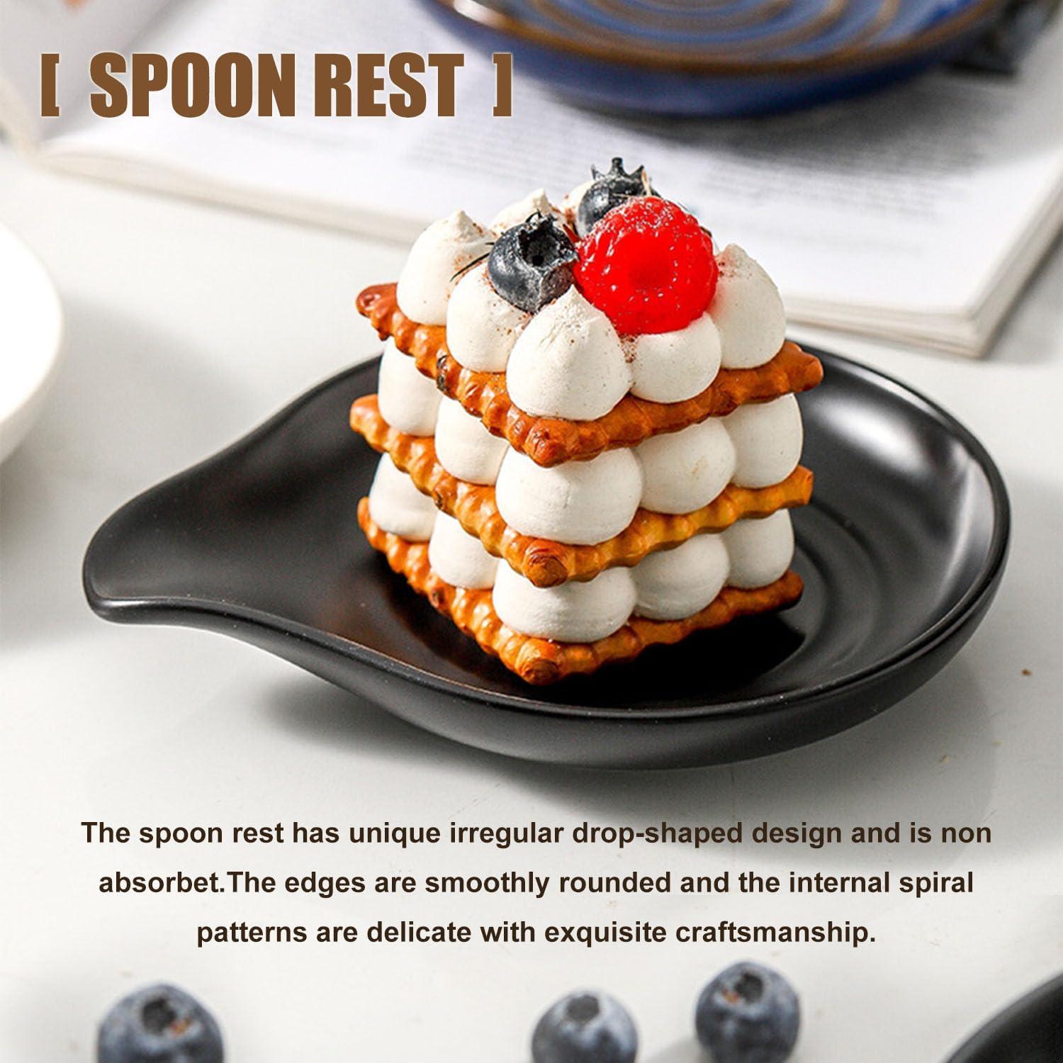 Spoon Rest,Ceramic Spoon Holder for Stove Top Large Spatula Rest Cooking Spoons Rest for Kitchen Utensils Heat-Resistant Rest Large (Black)