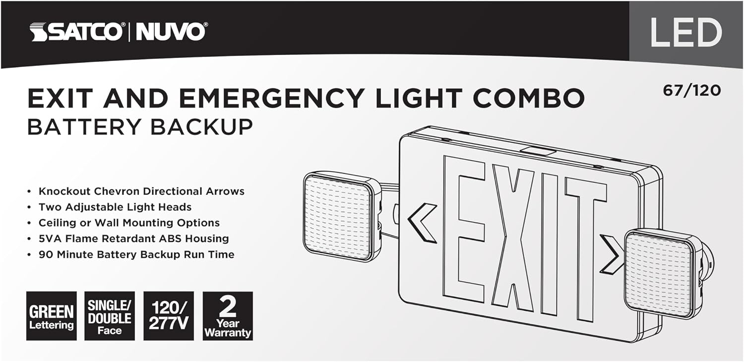 Nuvo Combination Exit Sign and Dual Head Emergency Light with 90Min Battery Backup & 2 Adjustable Lights, Single/Dual Face, Ceiling or Wall Mount, 120/277V, 19 in, White with Green Lettering