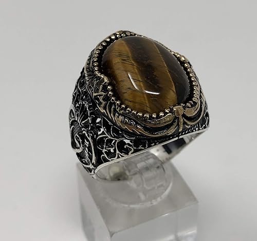 Miniatura 7 de KAR Anillo de ojo de tigre natural para hombre de plata de ley 925K estampado I1B