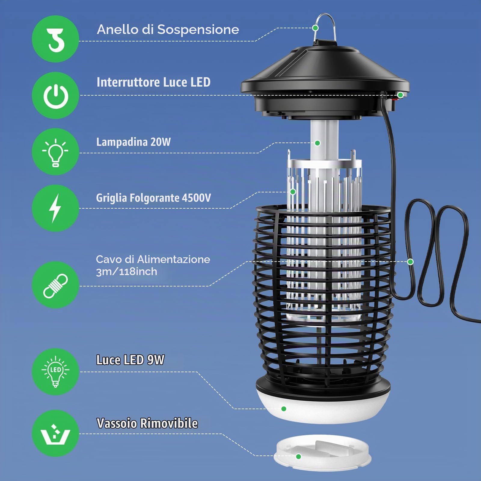 PALONE Lampada Elettrica Antizanzare 4500V, Lampada Insetticida per Insetti Volanti con Luce UV 20W e LED 9W, Cavo 1 M per Interni/Esterni - Ecologico per Cucina e Giardino