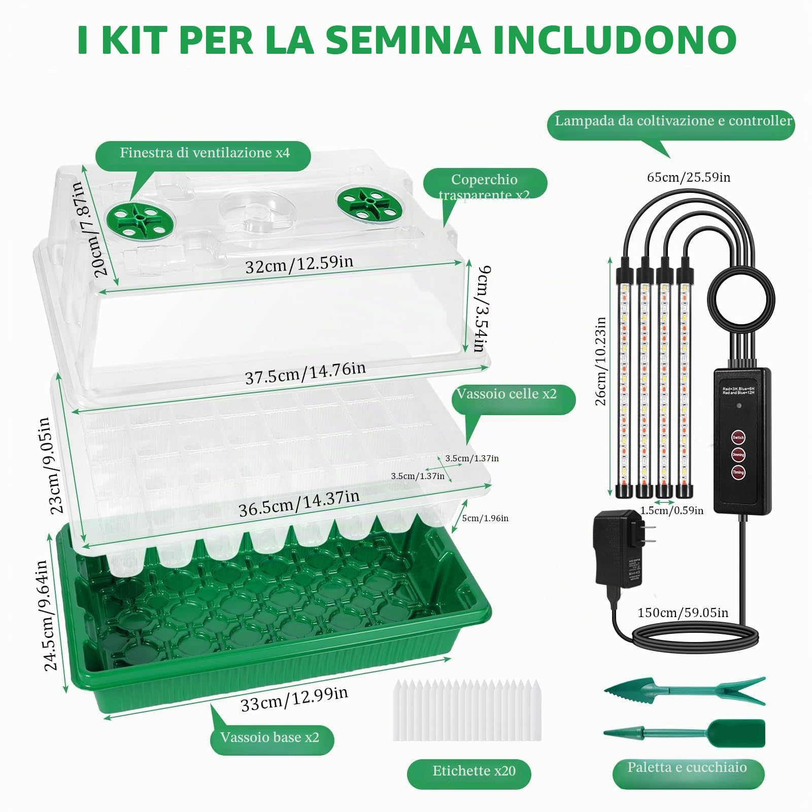 Verdenu Vassoio Germinazione con Luce di Crescita, Semenzaio Germinazione con Cupola di Umidità, Semenzaio con Timer Intelligente, 3 Modalità, 4 Temporizzazioni, Serra per Germinazione per Interni