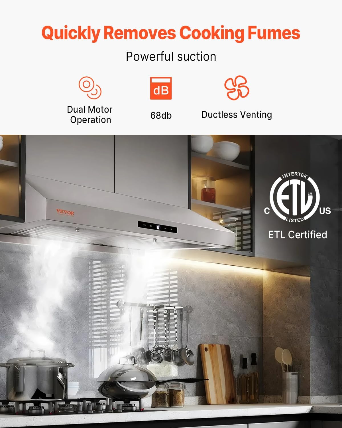 VEVOR Under Cabinet Range Hood, Dual Motors Stainless Steel Permanent Filter, Ductless 30 inch Kitchen Stove Vent with 3-Speed Exhaust Fan, 2 Baffle Filters, LED Lights, Touch Control Panel, Silver