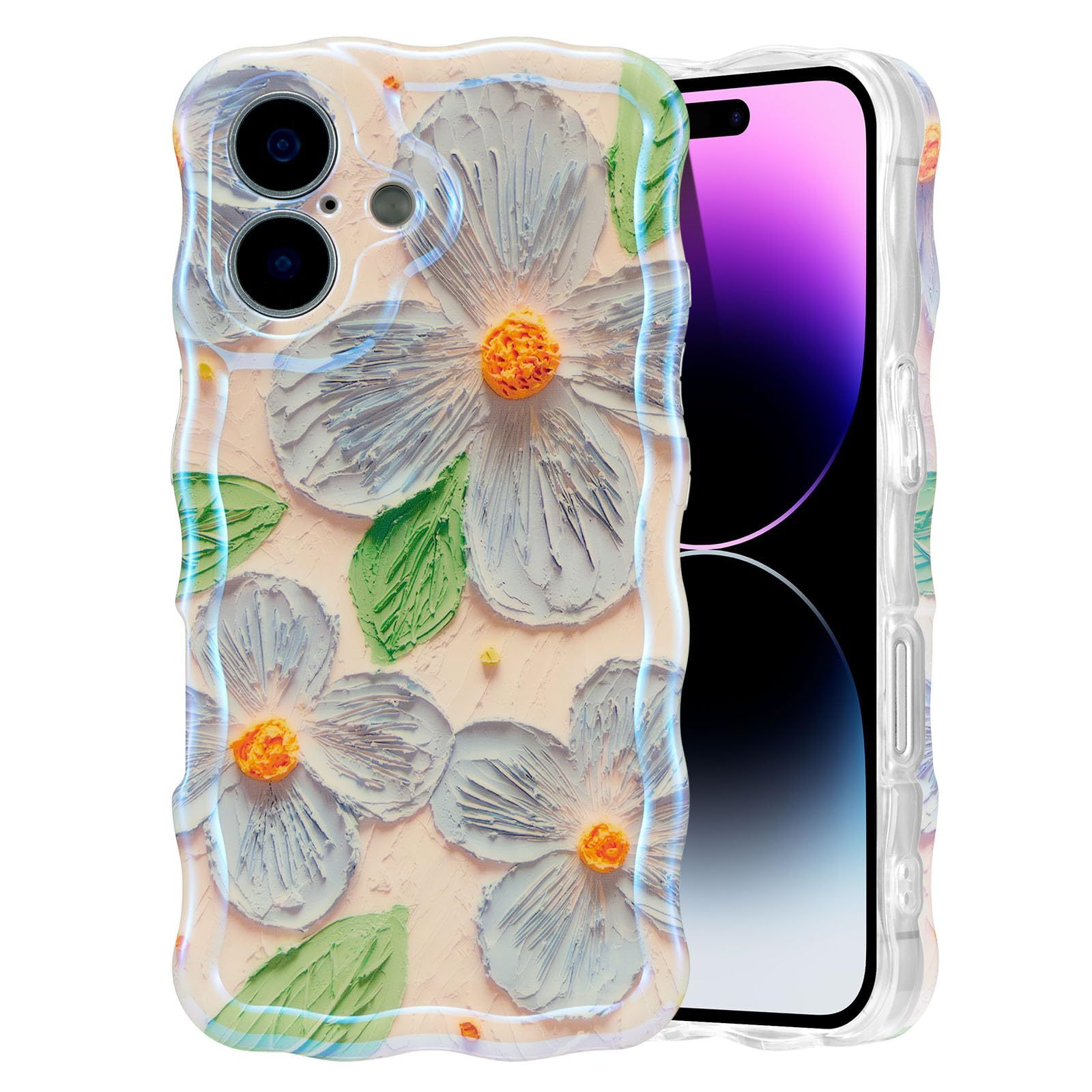 EYZUTAK Case for iPhone 15, Colorful Retro Oil Painting Flower Laser Beam Glossy Pattern Cute Curly Waves Border Exquisite Phone Cover Stylish Durable Soft TPU Protective Case for Girls Women - Green — view 10