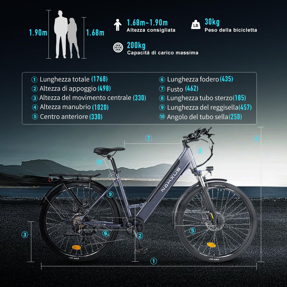 Bicicletta elettrica 26M208, bicicletta elettrica da 26", da trekking, con batteria al litio da 36 V, 13 Ah, fino a 60 KM, motore da 250 W, compatibile con l'UE, colore: grigio